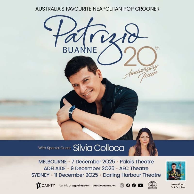 Patrizio Buanne in dark shirt poses with arms crossed against a beach backdrop on a 20th anniversary tour promotional poster.