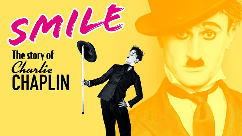 Performer in Chaplin's iconic bowler hat and suit poses against a yellow background featuring Chaplin's portrait and show title.