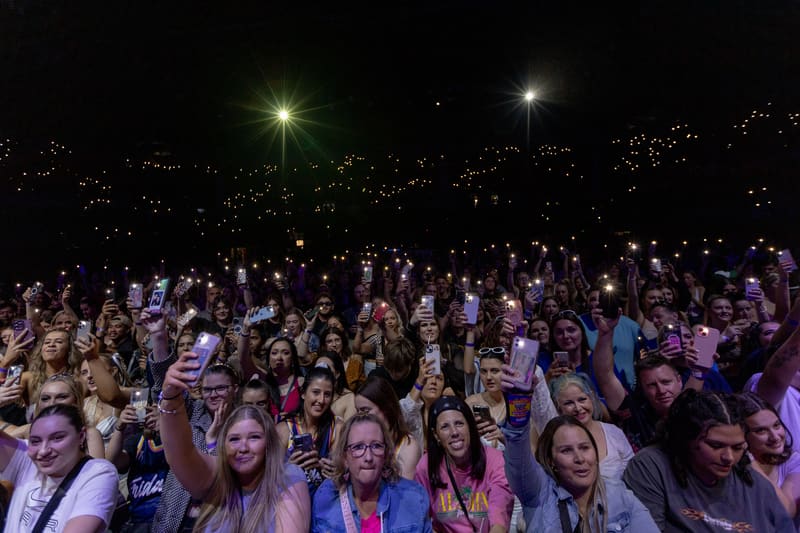 Large outdoor crowd of concert-goers illuminated by stage lighting at night.