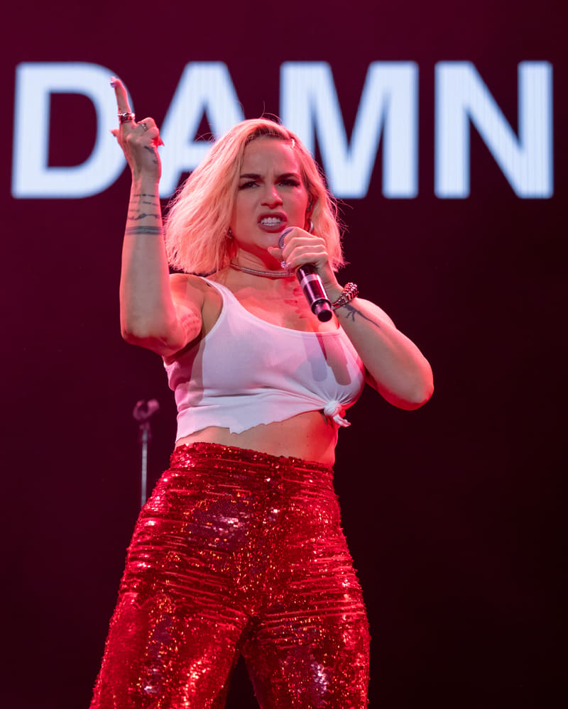 Performer singing into microphone on stage wearing white crop top and red sequined pants, bathed in pink stage lighting.