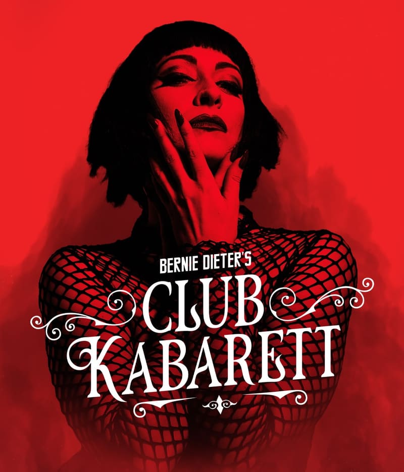 Performer in dramatic red lighting with hand to face, wearing fishnet clothing, against bold red background with Club Kabarett typography.