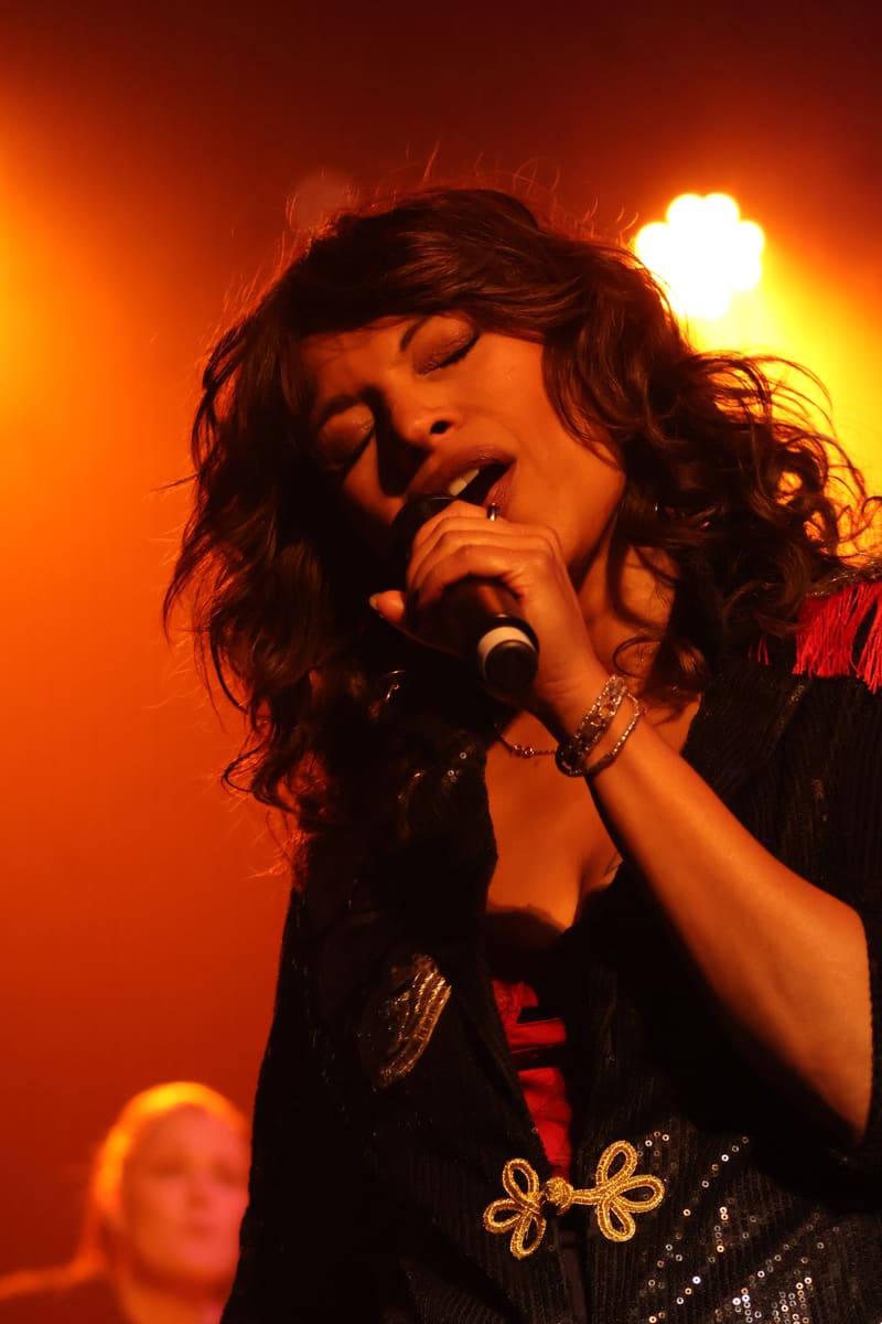 Performer singing into microphone against warm orange stage lighting with dramatic shadows.