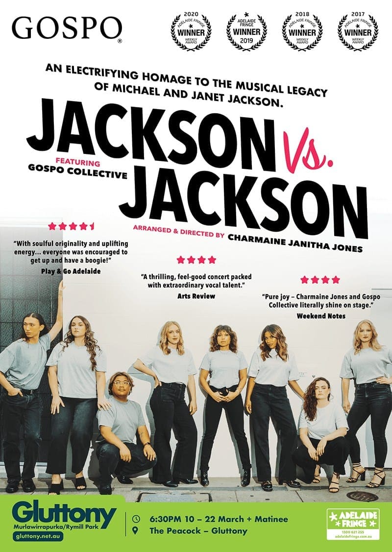 Gospo Collective performers in white shirts and black trousers pose together for Jackson vs Jackson theatre production promotional poster.