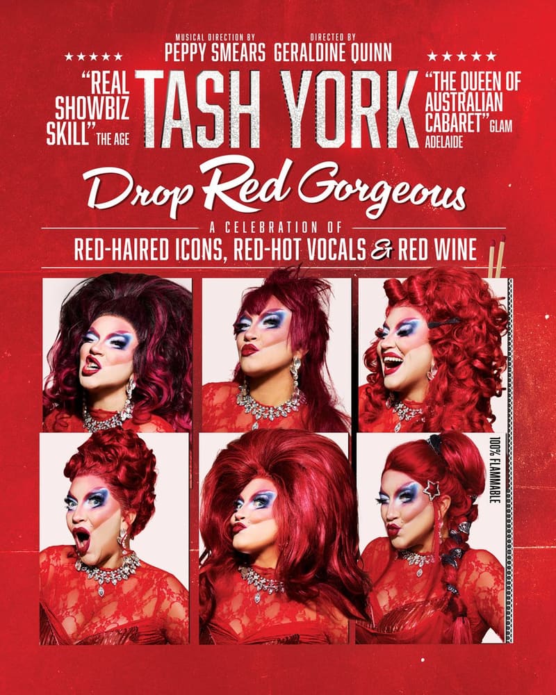 Six performers with vibrant red hair and bold makeup pose in a grid layout against a red background promoting Tash York's cabaret show.