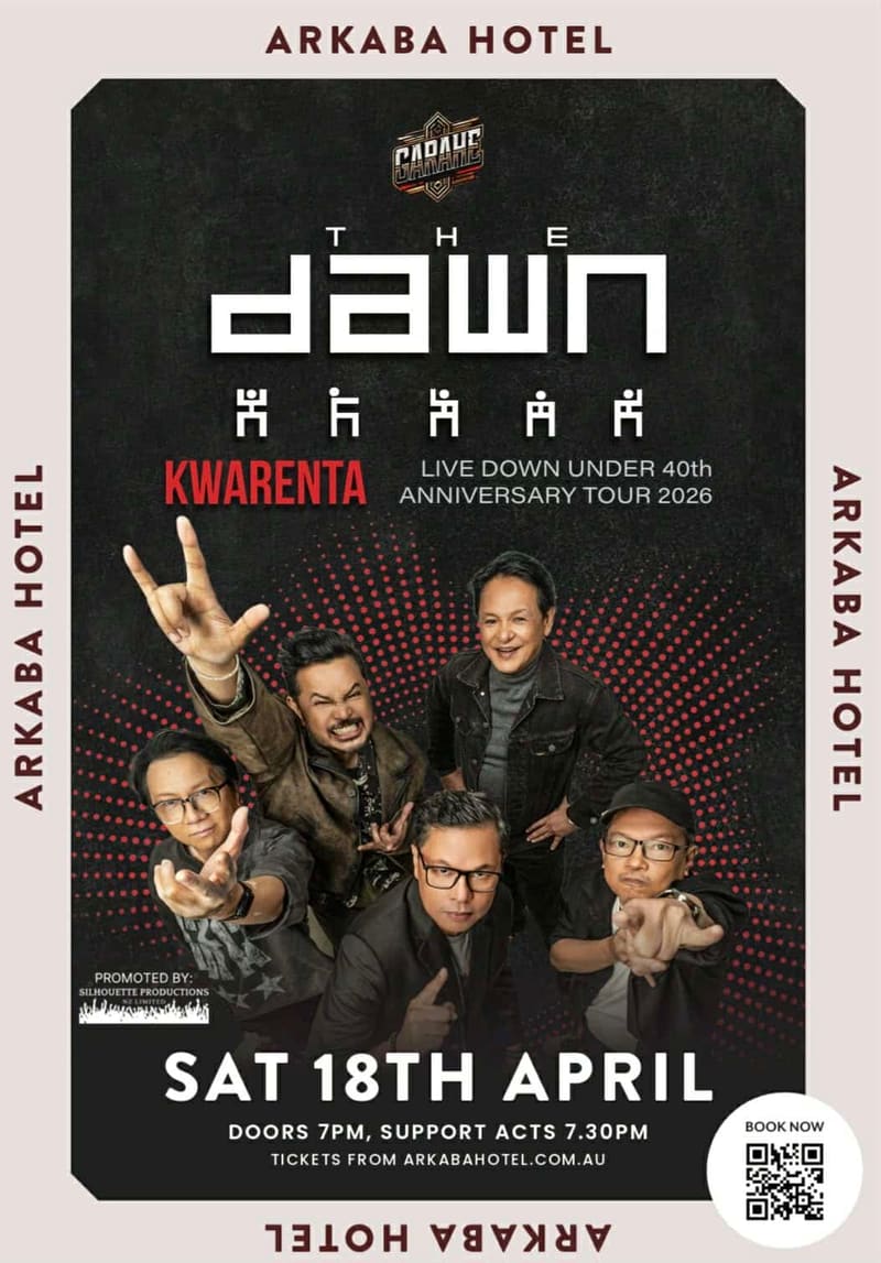 Five band members pose against a red dot pattern backdrop on a black poster for The Dawn's Kwarenta 40th anniversary tour at Arkaba Hotel.