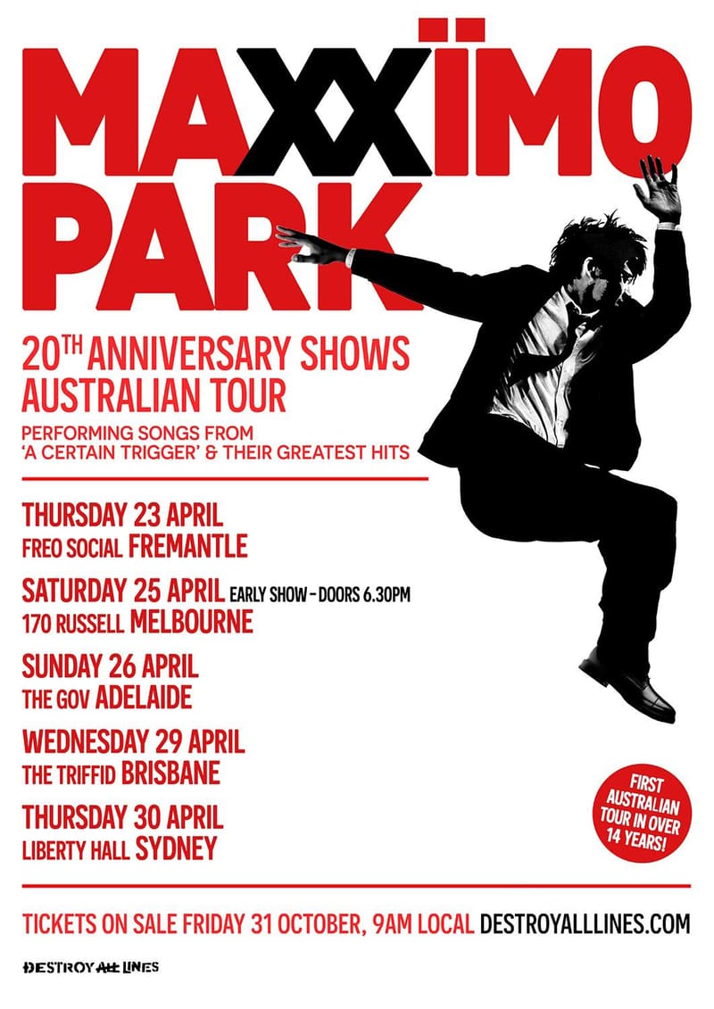 Silhouetted figure leaping with fist raised on red and black Maximo Park 20th anniversary Australian tour poster.