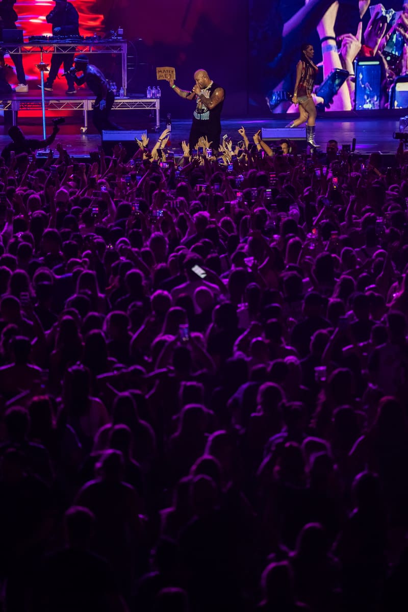 Performer on stage surrounded by a dense crowd with hands raised, bathed in purple and red stage lighting.