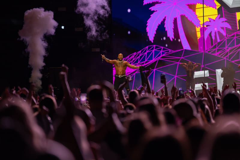Performer on stage surrounded by a crowd under purple lighting and palm tree silhouettes at Fridayz Live.