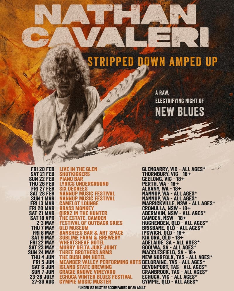 Guitarist Nathan Cavaleri performs with arm raised against an orange and black textured background promoting his "Stripped Down Amped Up" blues tour.