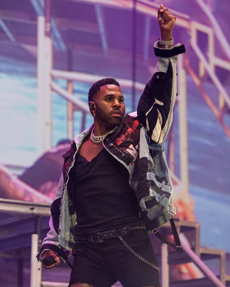Performer in black outfit and patterned jacket raises fist beneath purple stage lighting during a concert performance.
