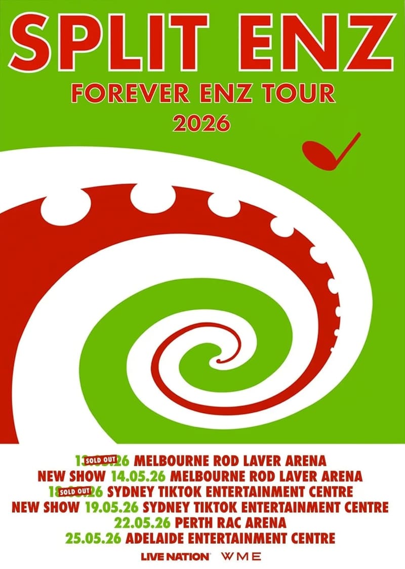 Bold red and white spiral design on bright green background promoting Split Enz Forever Tour 2026 across Australian venues.
