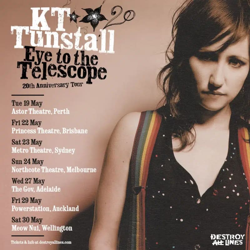 KT Tunstall promotional poster for 20th Anniversary Tour featuring the artist in a dark studded top with a rainbow-striped shoulder strap against a cream background.