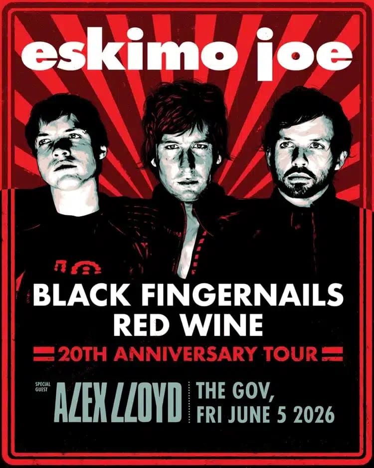 Three band members' faces against a red and black radiating striped background with white text promoting "Black Fingernails Red Wine 20th Anniversary Tour".