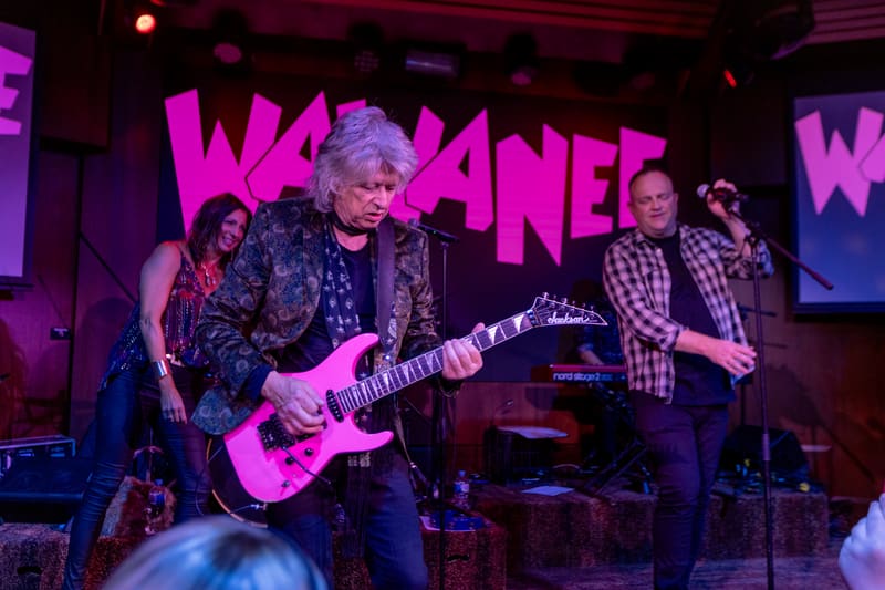 Guitarist in patterned jacket performing on stage beneath bright pink "Wa Wa Nee" signage, with band members behind.