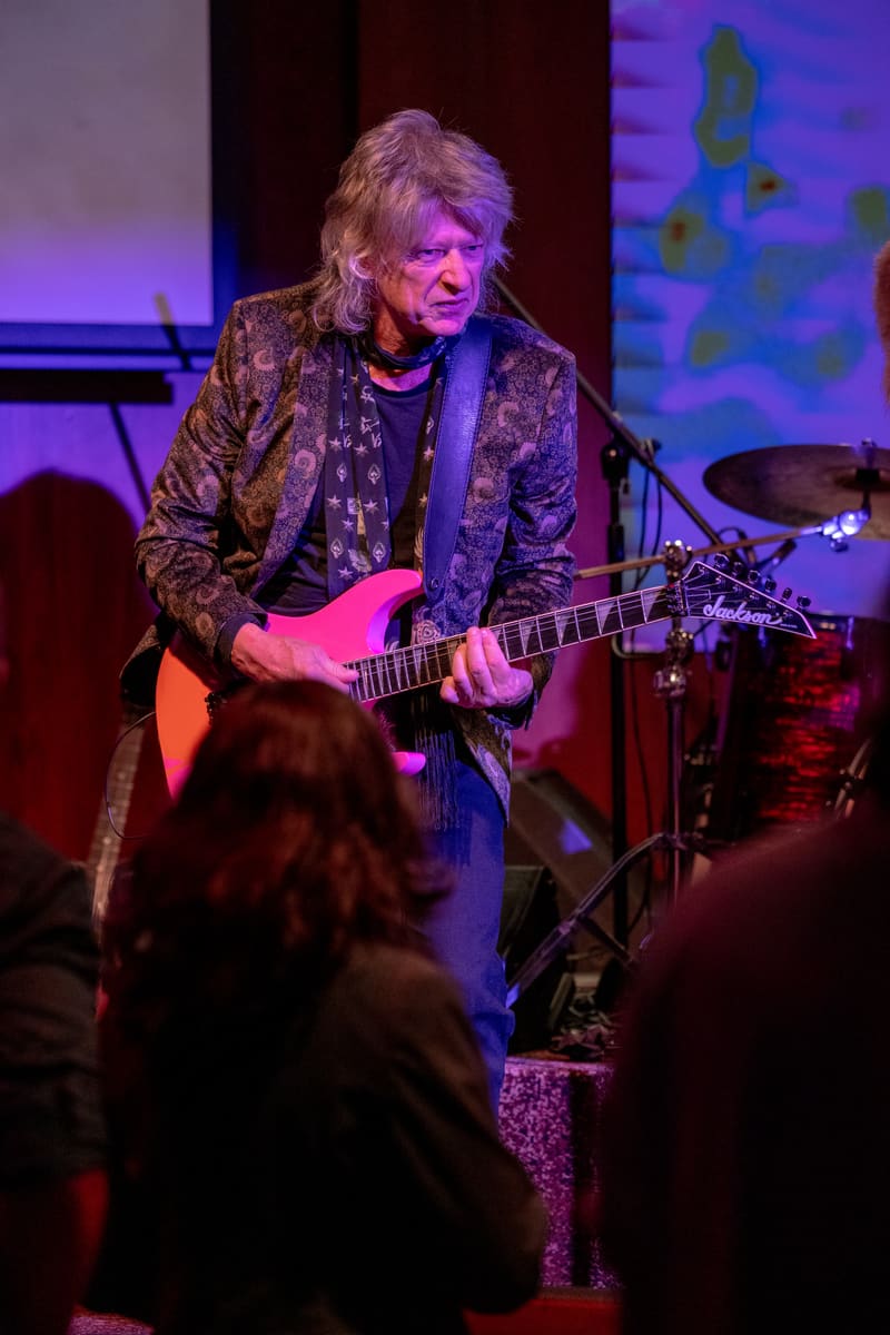 Guitarist performs on stage under purple and pink lighting, with audience members visible in the foreground.