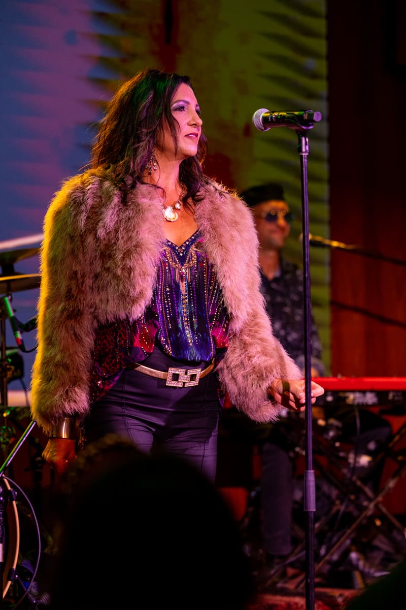 Performer in pink fur stole and sequined top singing at microphone under coloured stage lights.