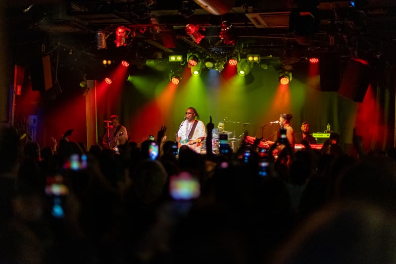The Original Wailers perform on stage under red and green spotlights, with audience members holding up phones to record.