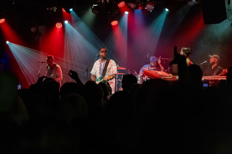 The Original Wailers perform on stage beneath red and blue spotlights, with audience members silhouetted in the foreground.