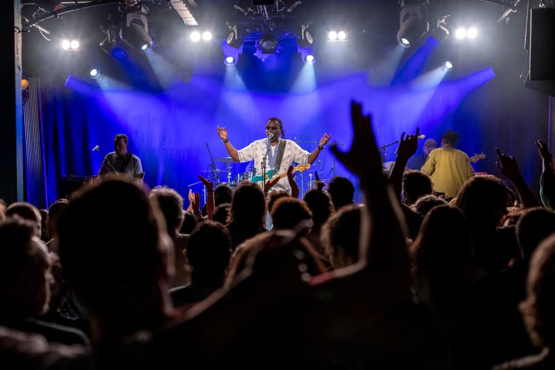 Live band performs on stage bathed in blue lighting while audience members raise their arms in the foreground.