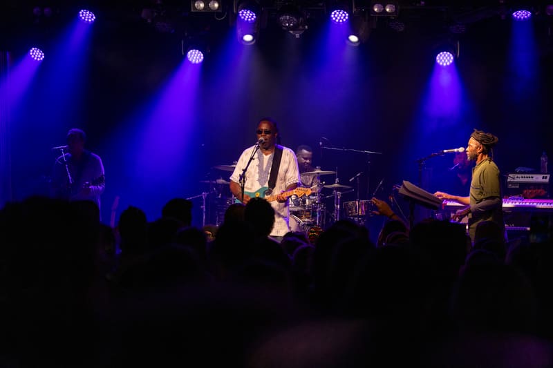 Musicians perform on stage under purple spotlights at The Original Wailers concert, with audience silhouettes in foreground.