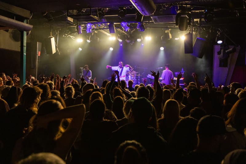 Crowd of concert-goers with raised hands facing a band performing under purple and white stage lighting.