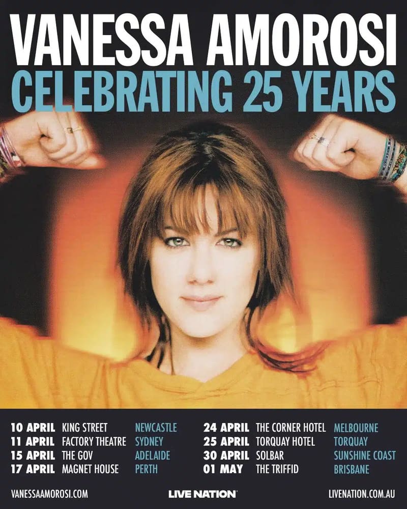 Promotional poster for Vanessa Amorosi's 25-year celebration tour featuring the artist against a warm orange and yellow gradient background.