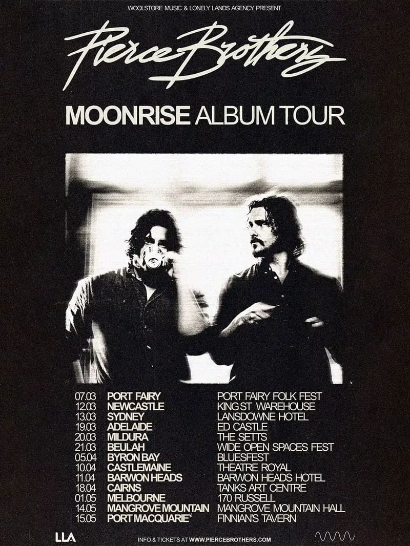 Two men in dark clothing against a plain backdrop, with Pierce Brothers Moonrise Album Tour text and venue dates listed below.
