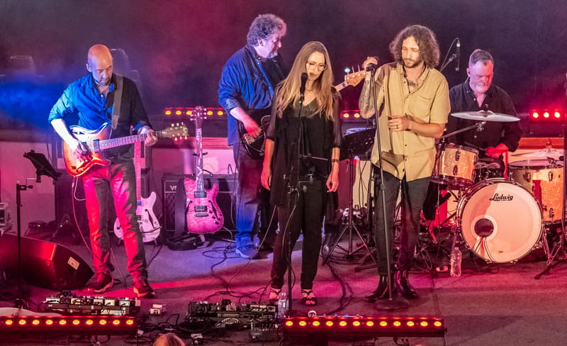 Band members performing on stage under pink and blue lighting, with guitarist, singers, and drummer visible across the lit platform.